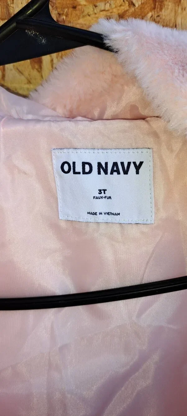 Old Navy Girls 3T Pink Faux Fur Hooded Jacket Red Heart Pockets Zip Coat